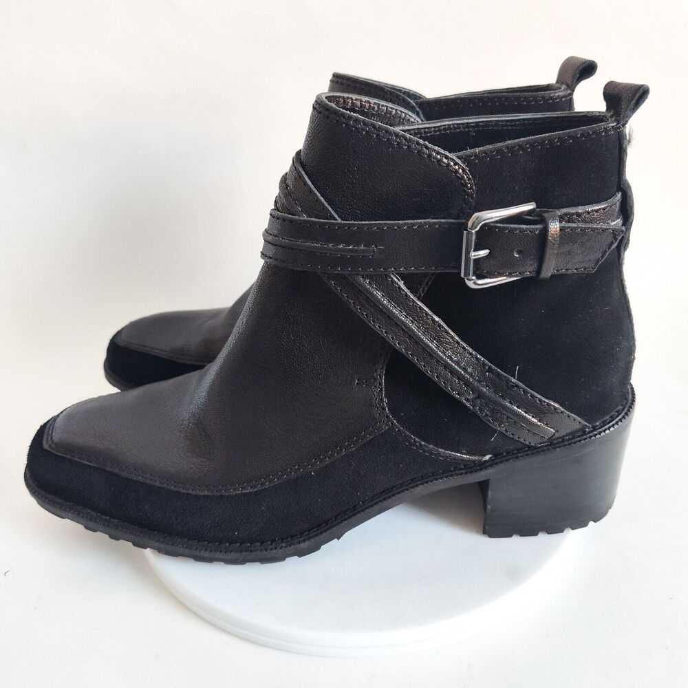 Nina Black Smooth Leather & Suede Block Heel Ankle Boots Cross Straps‎ Size 9